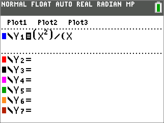 Calculator screen showing the function Y1 = (X²) / (X)