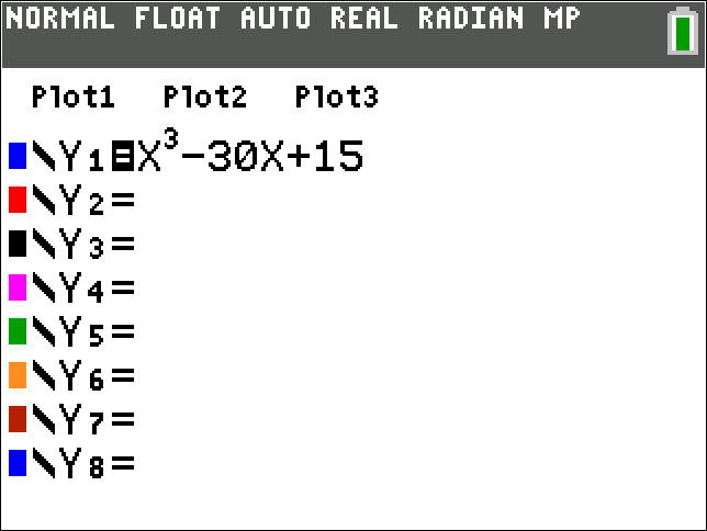 Calculator screen showing the function Y1 = X³ - 30X + 15