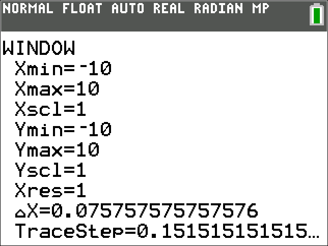 Calculator window settings showing X range and Y range