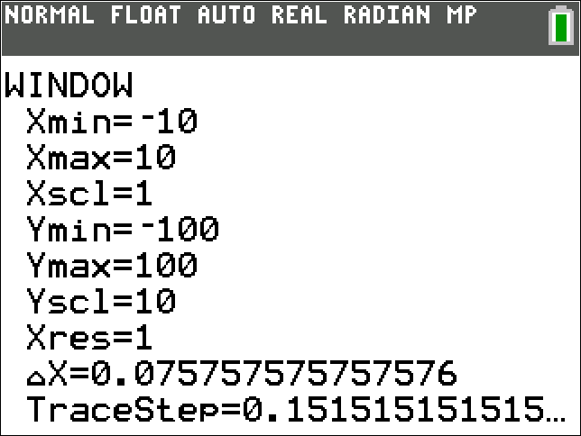 Calculator window settings showing X range and Y range