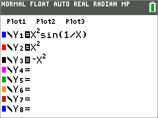 Calculator screen showing the function Y1 = X² sin (1/X)