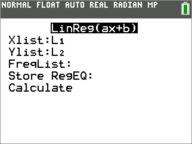 calculator screen, showing LinReg (ax+b)