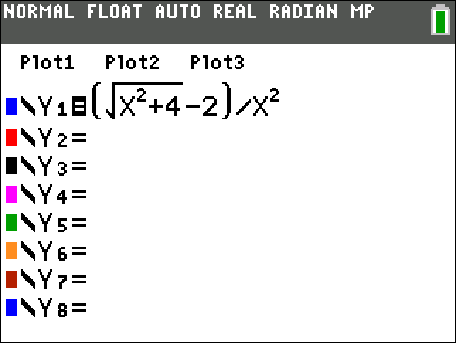 Calculator screen showing Y1 = (square root X²+4)-2/X²