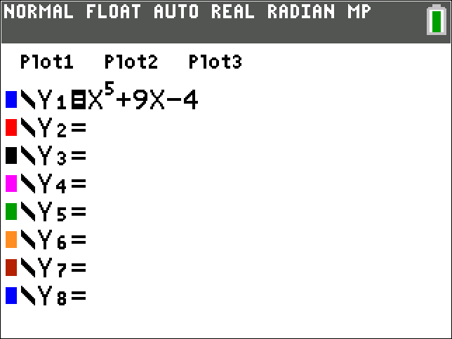 Graphing calculator screen displaying the function Y₁ = X⁵ + 9X − 4