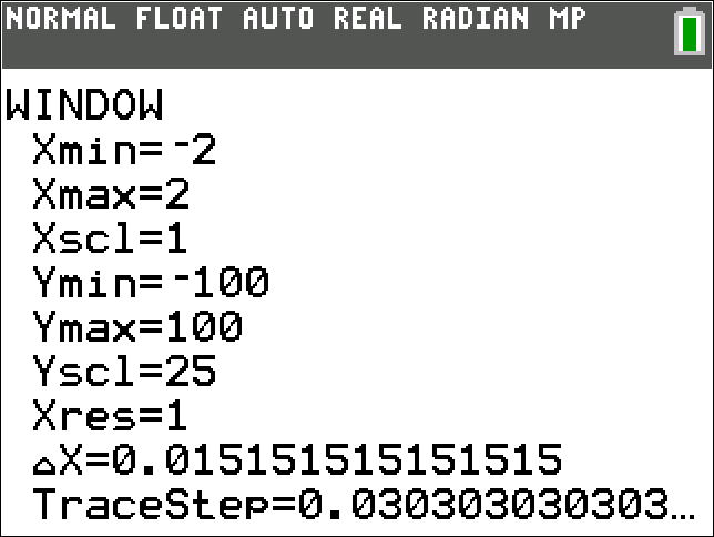 Calculator window settings showing X range and Y range