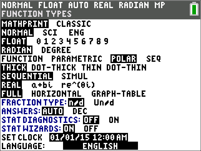 calculator screen, showing Graphing polar equations step1