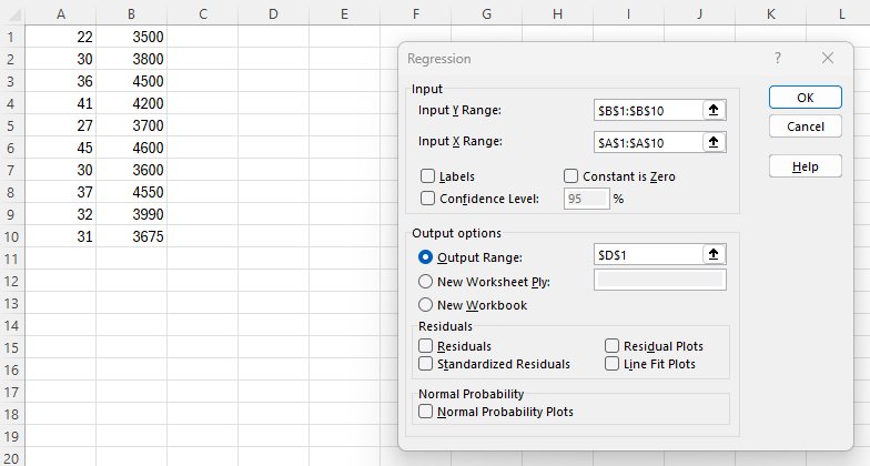 Excel Hypothesis Testing for Slope Coefficient step 4