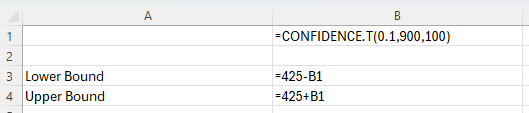 Excel t-Interval step 2 formulas