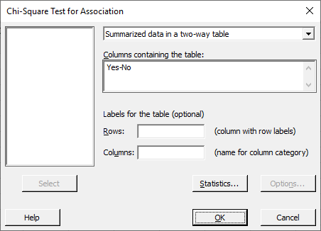 Chi-Square Test for Association dialog box with options to input summarized two-way table data and specify row and column labels