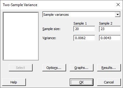 Two-sample variance test dialog showing sample sizes and variances for two samples, with options for graphs and results