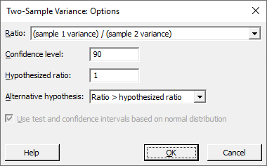 Two-sample variance options dialog with confidence level 90%, hypothesized ratio 1, and alternative hypothesis set to 'Ratio > hypothesized ratio'