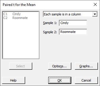 Dialog box for paired t-test with samples Cindy and Roommate selected