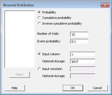 Binomial Distribution dialog box with settings for 12 trials, 0.1 event probability, and input column for x values