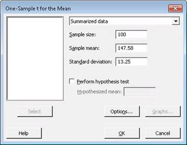 One-Sample t for the Mean dialog box with fields for sample size, sample mean, and standard deviation, plus an option for hypothesis testing