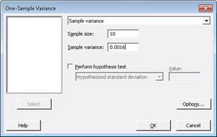 One-Sample Variance dialog box with fields for sample size (10) and sample variance (0.0016), plus an option for hypothesis testing