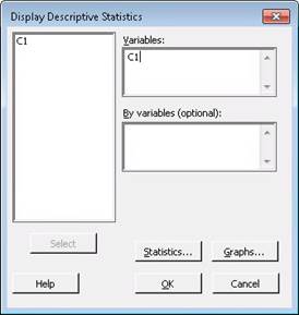 Display Descriptive Statistics dialog box with options to select variables and add optional grouping variables