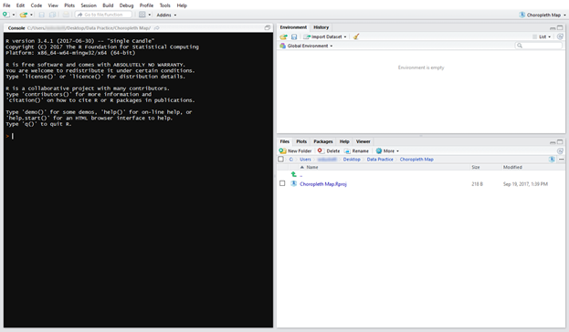 Screenshot of the RStudio interface showing the Console, Environment, and Files panes. The Console displays the R version and a prompt ready for commands. The Environment is empty, and the Files pane shows a single R project file named 'Choropleth Map.Rproj'