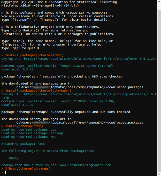 The image shows the RStudio Console window where the user installs and loads the choroplethr and choroplethrMaps packages.