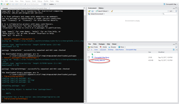 The image shows the RStudio interface, where the user is preparing to create a choropleth map using the choroplethr package