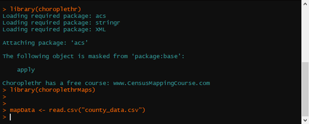R script loading choroplethr and choroplethrMaps packages, then reading data from 'county_data.csv' into mapData