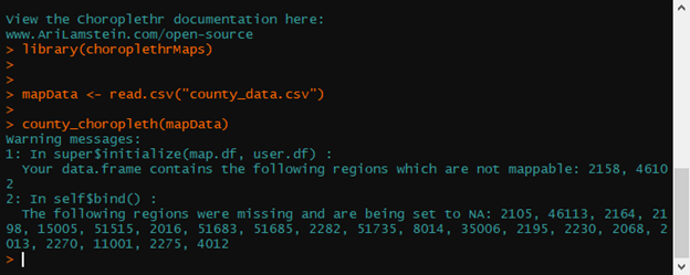 R script running county_choropleth(mapData) shows warnings about unmappable or missing county regions based on FIPS codes