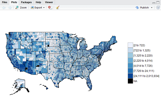 A choropleth map of U.S. counties showing data distribution in shaded color bins, with some counties marked in black as NA (missing or unmappable data)