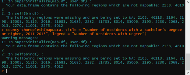 R script generating a choropleth map with a custom title and legend for bachelor's degree attainment (2011�2015), displaying the same unmappable and missing region warnings