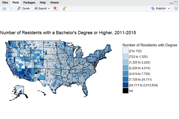 A U.S. county-level choropleth map showing the number of residents with a Bachelor's degree or higher from 2011 to 2015, with a clear title and legend reflecting the data ranges in various shades of blue and black for missing data
