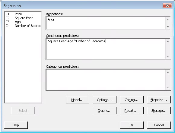 Regression dialog box with 'Price' as the response variable and 'Square Feet,' 'Age,' and 'Number of Bedrooms' as continuous predictors