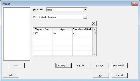 Predict dialog box for predicting 'Price' based on input values for 'Square Feet' (2500), 'Age' (10), and 'Number of Bedrooms' (4)