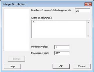 Integer distribution dialog box with settings to generate 20 rows of data, storing values in column C1, with a minimum value of 1 and maximum value of 897