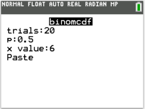 TI-Calculator Binomial Probability (cdf) step 3a