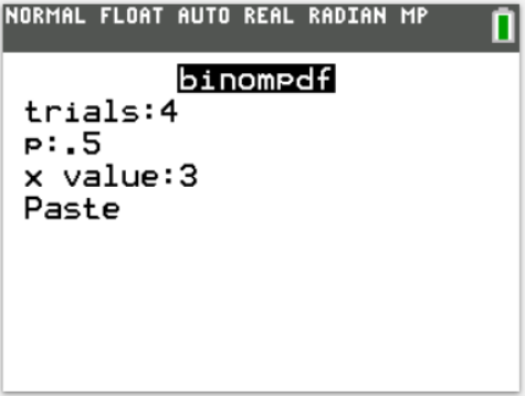 TI-Calculator Binomial Probability (pdf) step 3a
