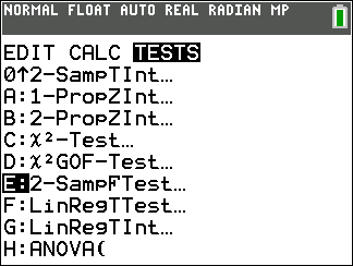 TI-Calculator Two Sample F-Test step 3