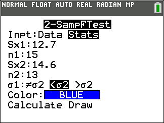 TI-Calculator Two Sample F-Test step 3