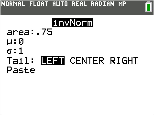 TI-Calculator Normal Distribution Inverse Normal step 3a
