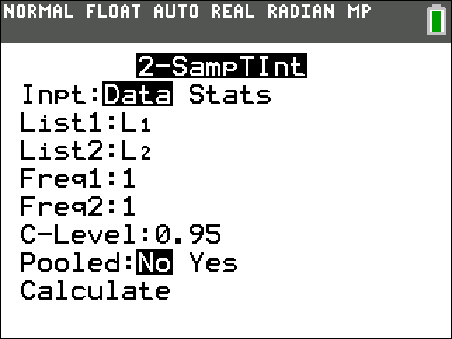 TI-Calculator two sample t-Interval step 5