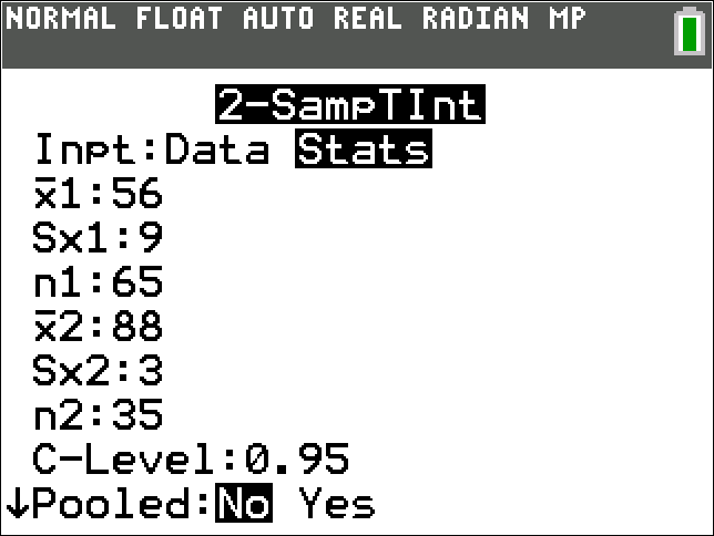 TI-Calculator two sample t-Interval step 3